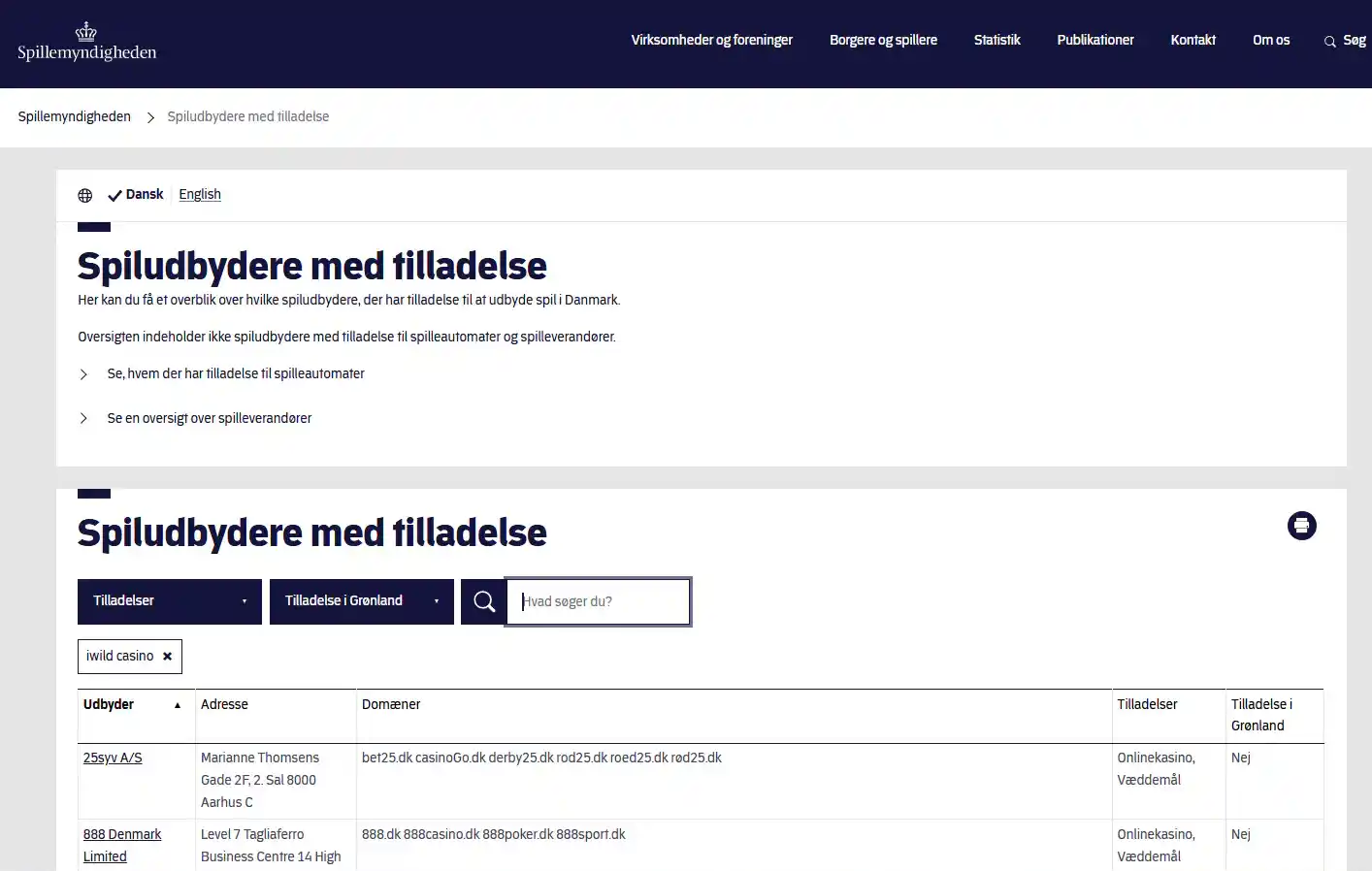 Spillemyndighedens side med spiludbydere med tilladelse