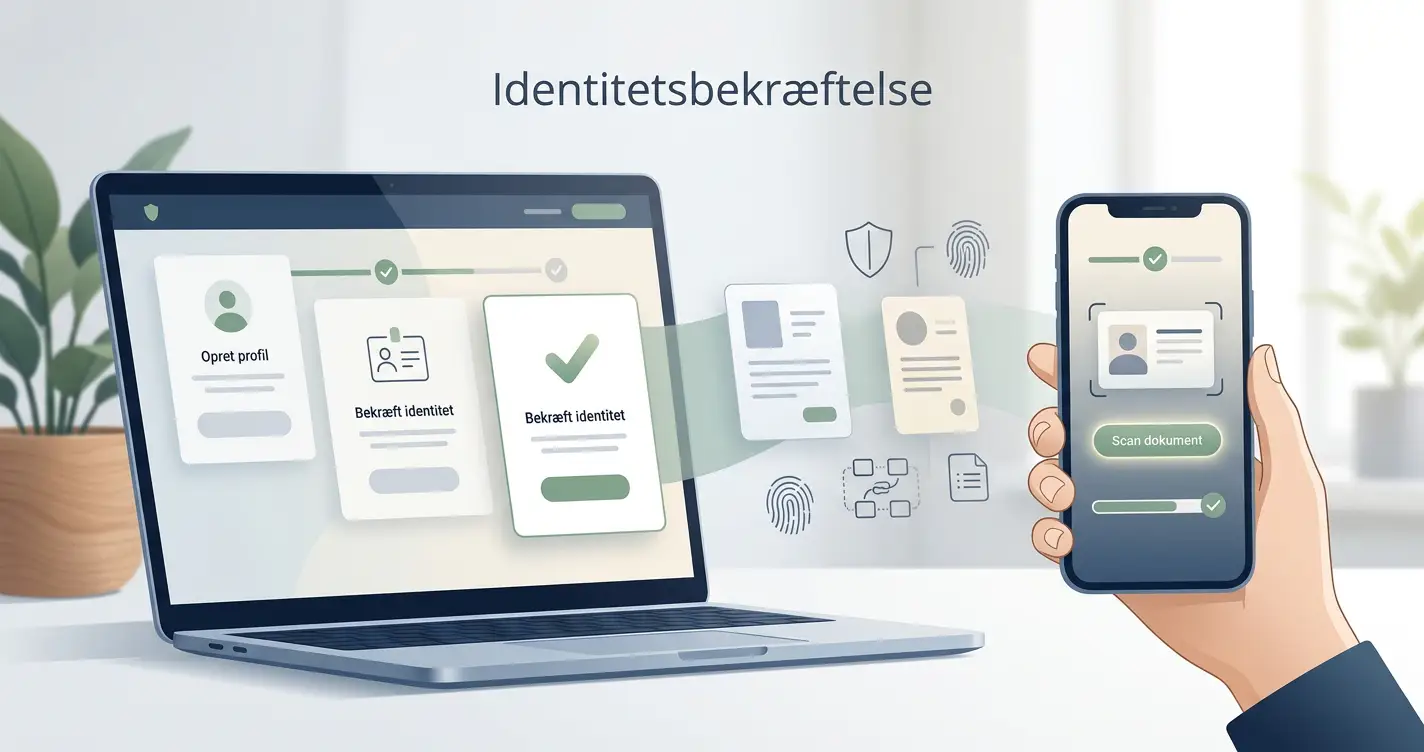 Neutral illustration af konto og identitetskontrol uden konkrete dokumentnavne