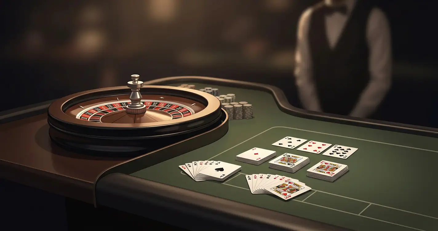 Illustration af et generisk live casino-bord med roulette og spillekort uden brandlogoer